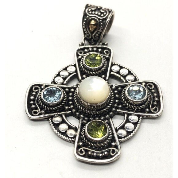 18k Gold and Sterling Silver Pendant Cross Bali Suarti Signed Topaz Peridot - Picture 2 of 7